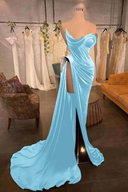 Strapless Sleeveless Long Prom Dress With High Split Pleated Beading