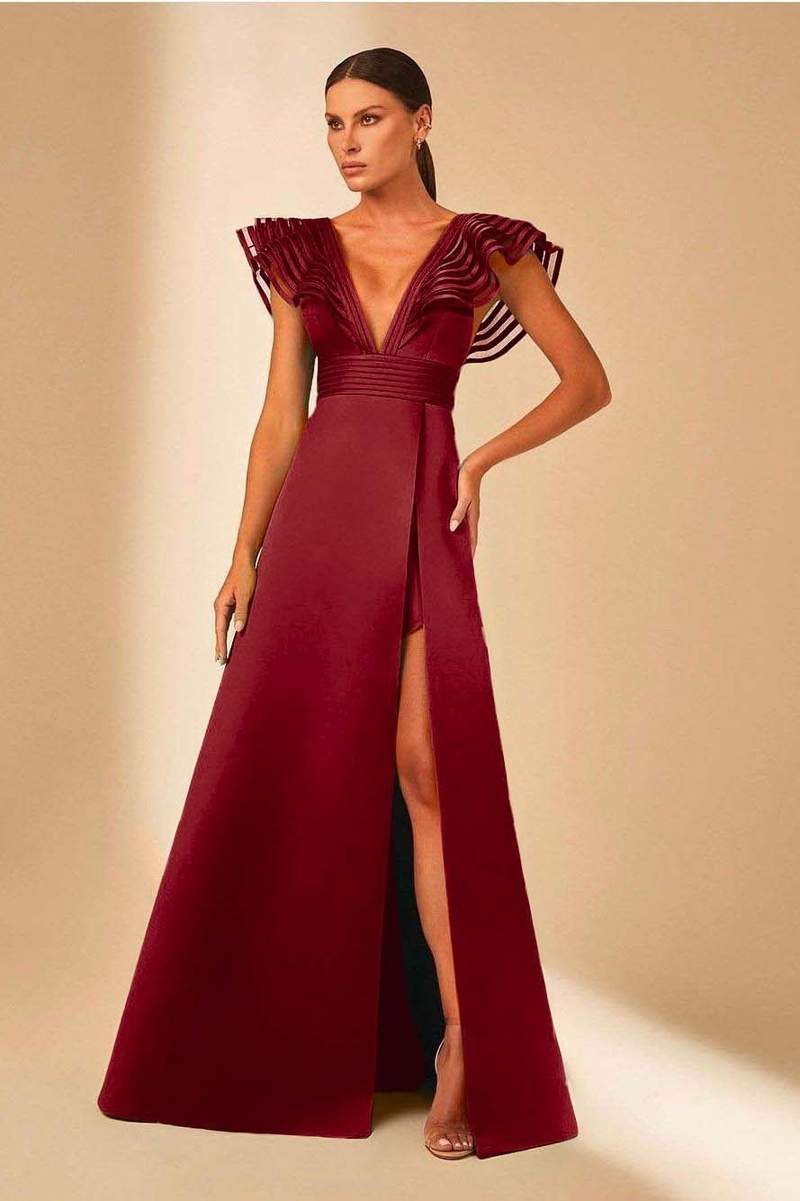 Deep V Neck Sleeveless A Line Long Prom Dress With Front Split