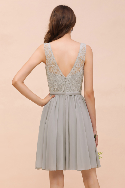 BMbridal Affordable Lace V-Neck Silver Chiffon Short Bridesmaid Dress Online-BMbridal