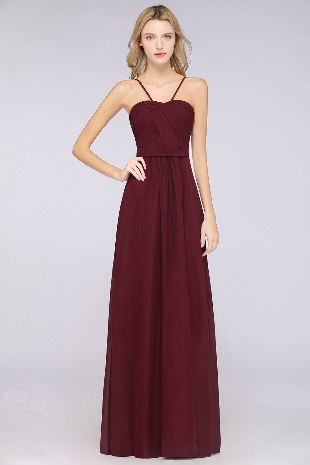 BMbridal Chic Burgundy Sweetheart Long Bridesmaid Dress With Spaghetti-Straps-BMbridal
