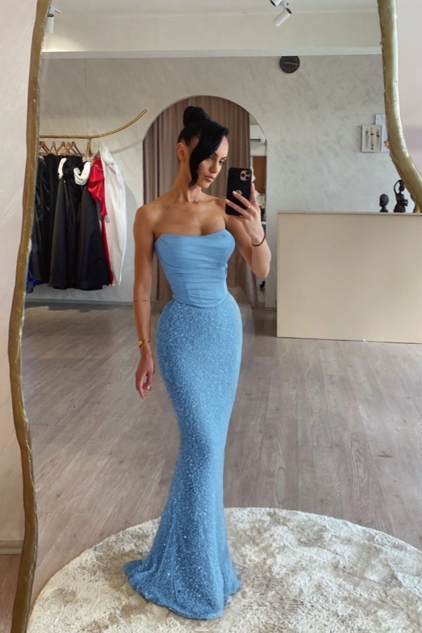 Strapless Sleeveless Long Mermaid Prom Dress With Sequin Pleated