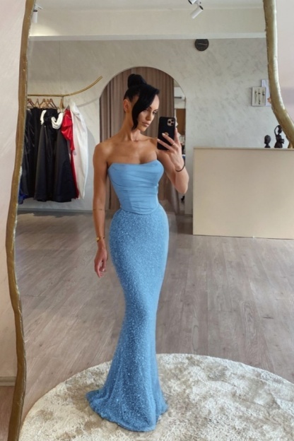 Strapless Sleeveless Long Mermaid Prom Dress With Sequin Pleated