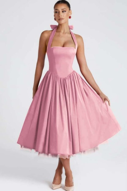 Halter Sleeveless Long A Line Prom Dress With Pleated Tulle