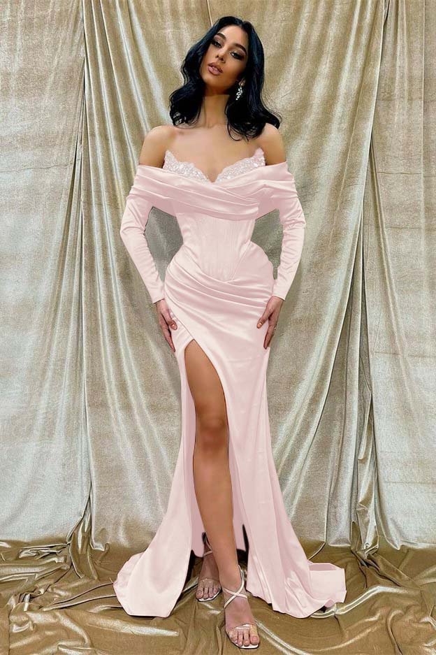 Off the Shoulder Long Sleeves Long Split Prom Dress With Beading
