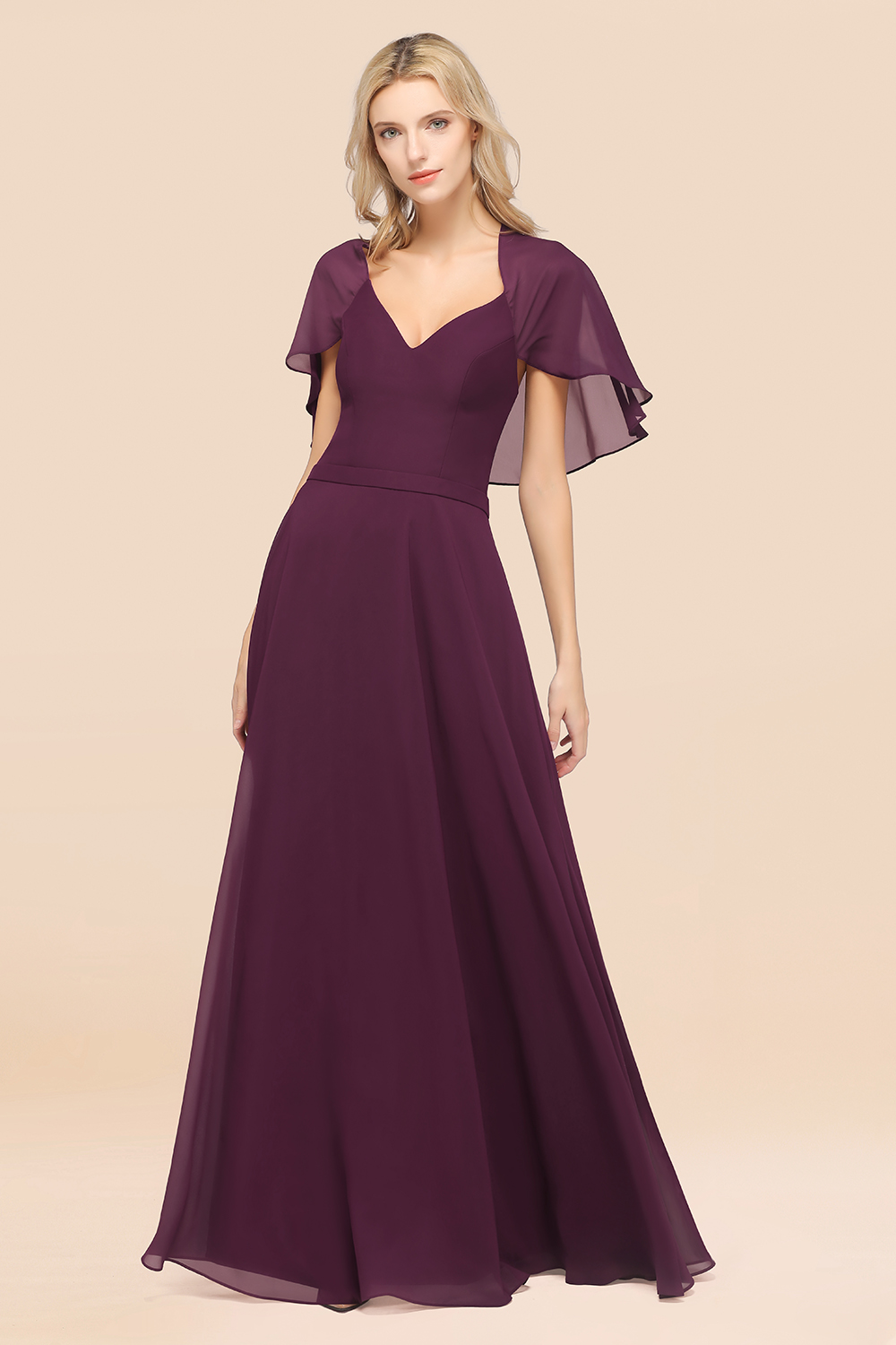 BMbridal Chic Satin V-Neck Long Burgundy Chiffon Bridesmaid Dress with Flutter Sleeve-BMbridal