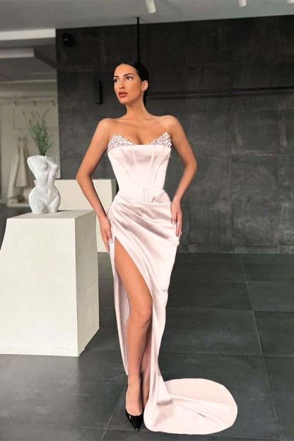 Mermaid Royal Blue Strapless Sleeveless Prom Dress High Split With Sequins