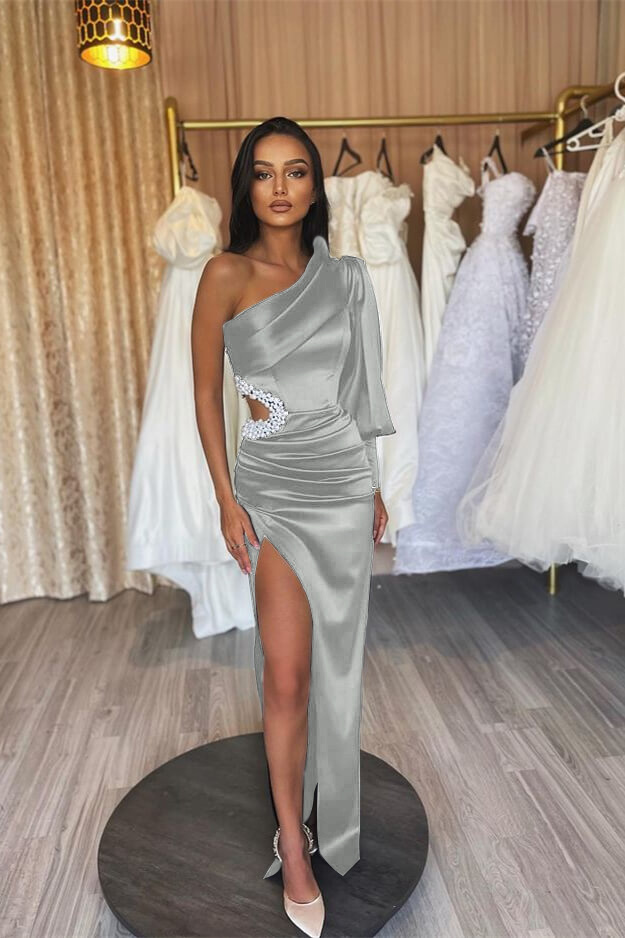 Black One Shoulder Pleated Prom Dress One Long Sleeve With Beading