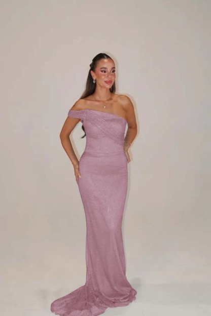 Sequins One Shoulder Sleeveless Long Mermaid Prom Dress With Pleated