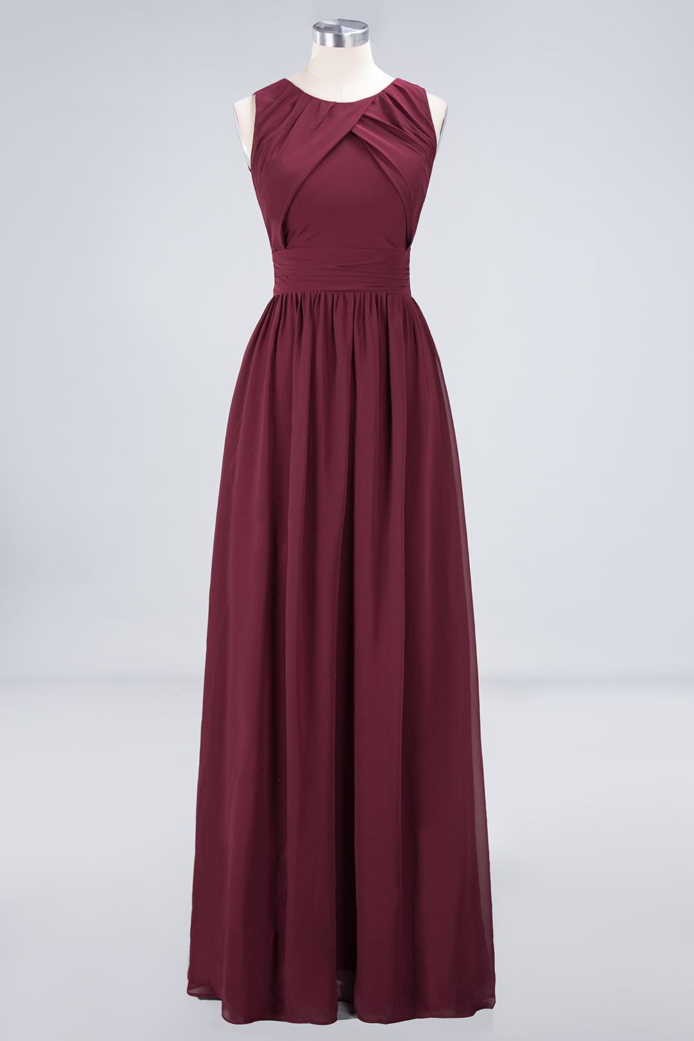 BMbridal Modest Round-Neck Sleeveless Burgundy Bridesmaid Dresses with Ruffles-BMbridal