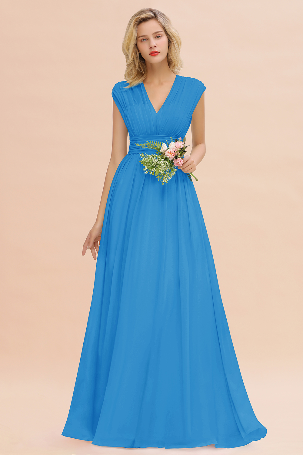 BMbridal Elegant Chiffon V-Neck Ruffle Long Bridesmaid Dresses Affordable-BMbridal