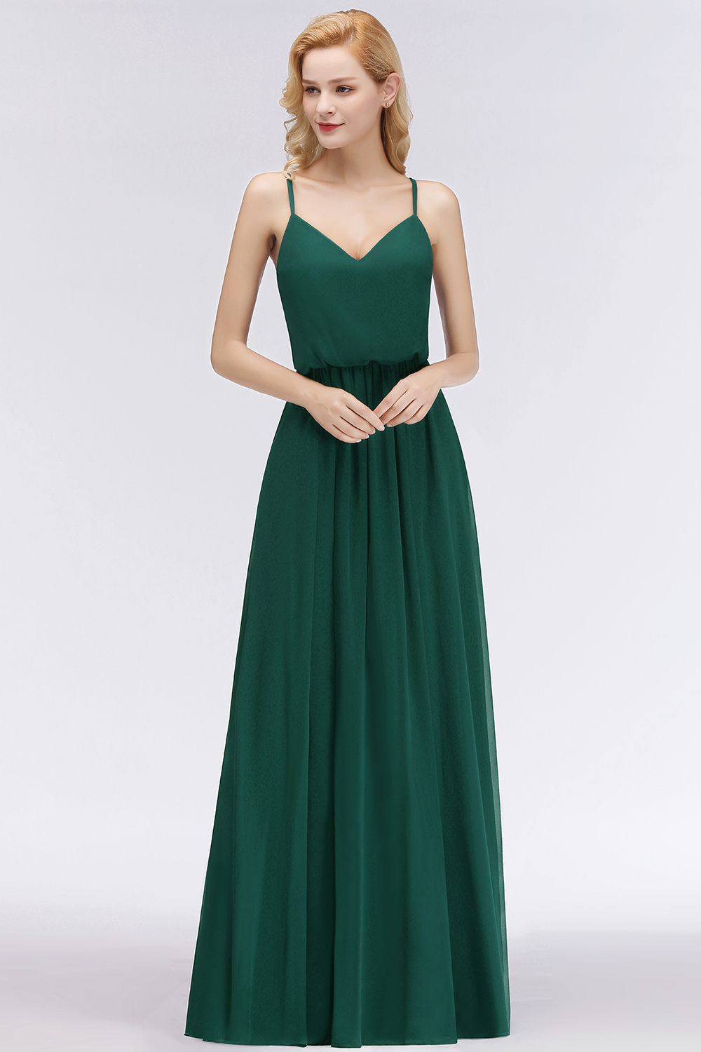 BMbridal Dark Green Chiffon Spaghetti-Straps Modest Bridesmaid Dress Online-BMbridal