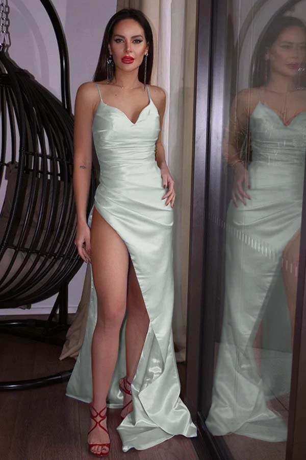 Spaghetti Strap Sleeveless Prom Dress With High Split Pleated