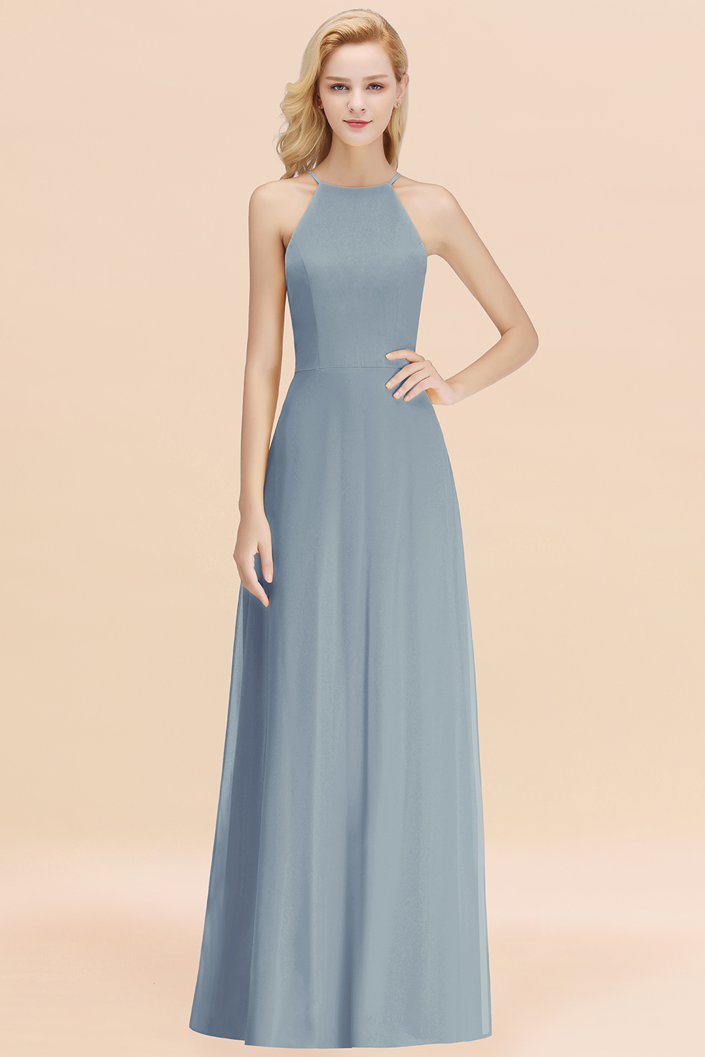 BMbridal Modest High-Neck Yellow Chiffon Affordable Bridesmaid Dresses Online-BMbridal
