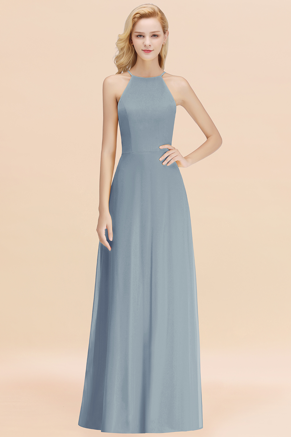 BMbridal Modest High-Neck Yellow Chiffon Affordable Bridesmaid Dresses Online-BMbridal
