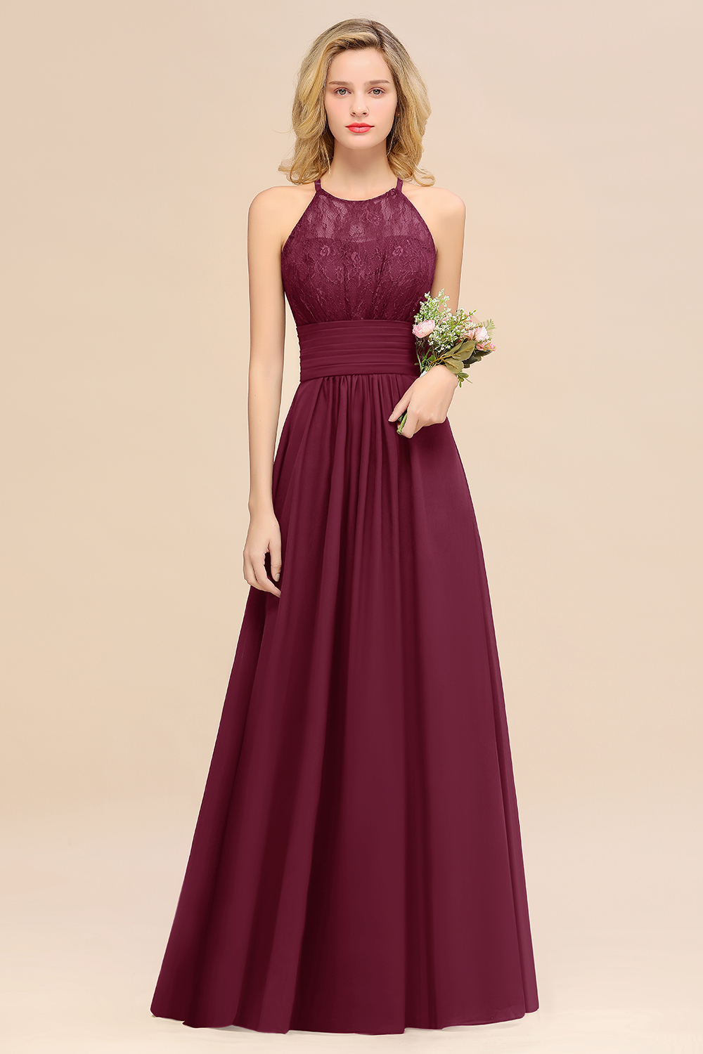 BMbridal Elegant Halter Ruffles Sleeveless Grape Lace Bridesmaid Dresses Affordable-BMbridal