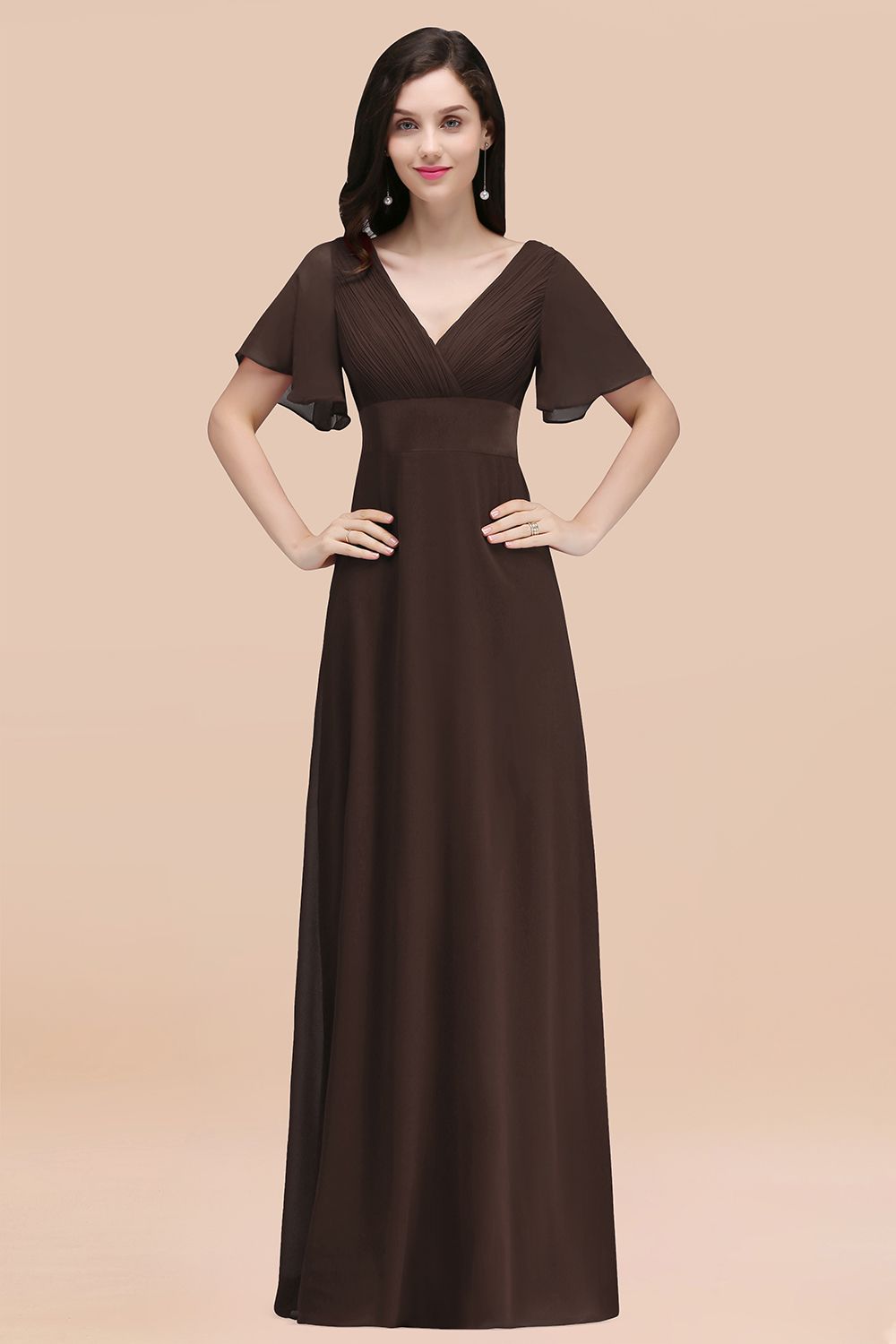 BMbridal Affordable V-Neck Ruffle Long Burgundy Bridesmaid Dress With Short-Sleeves-BMbridal