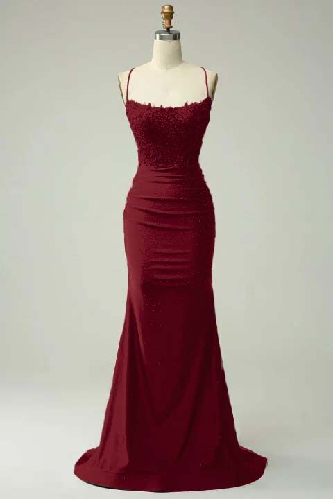 Spaghetti Strap Sleeveless Long Mermaid Prom Dress With Appliques