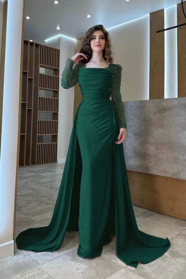Long Sleeves Square Neck Long Mermaid Prom Dress With Pleated