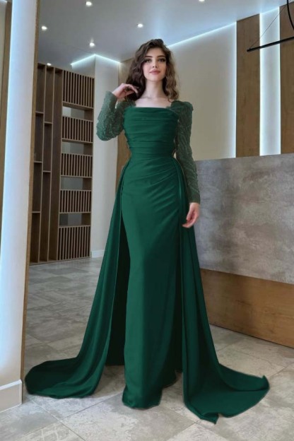 Long Sleeves Square Neck Long Mermaid Prom Dress With Pleated