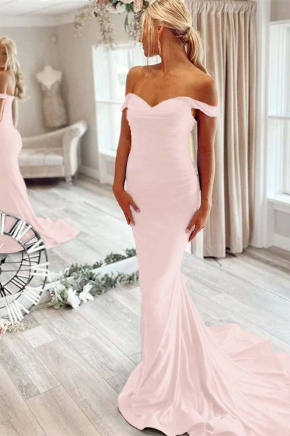 Off the Shoulder Sleeveless Mermaid Long Prom Dress With Pleated