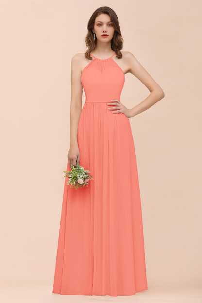 BMbridal Gorgeous Chiffon Halter Ruffle Affordable Long Bridesmaid Dress-BMbridal