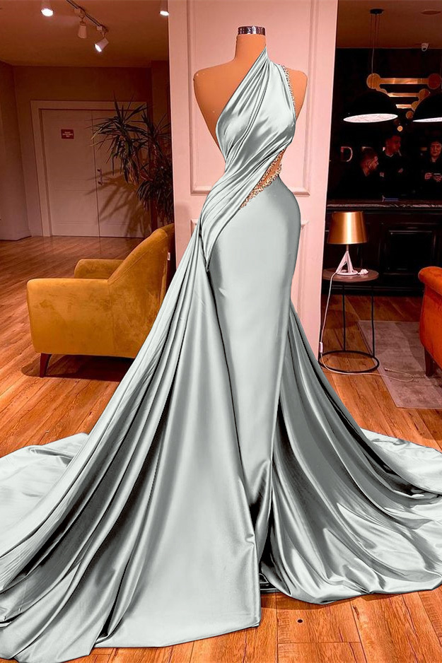 Chic Sleeveless Long Beadings Mermaid Prom Dress One Shoulder With Ruffles