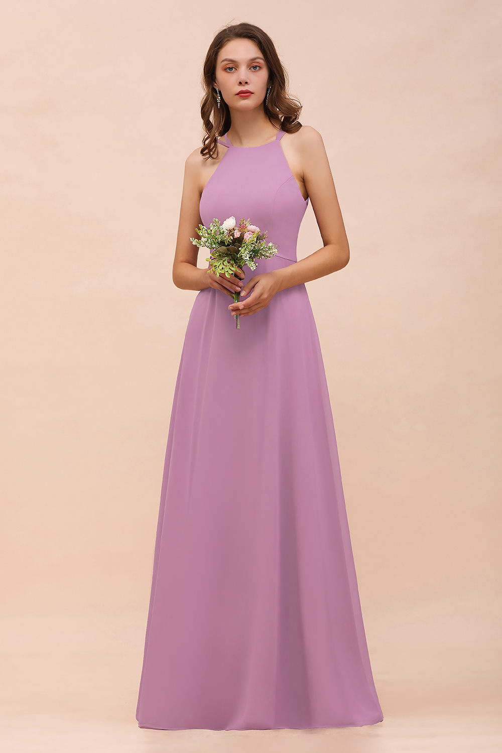 BMbridal Gorgeous Halter Wisteria Chiffon Bridesmaid Dresses with Draped Back-BMbridal