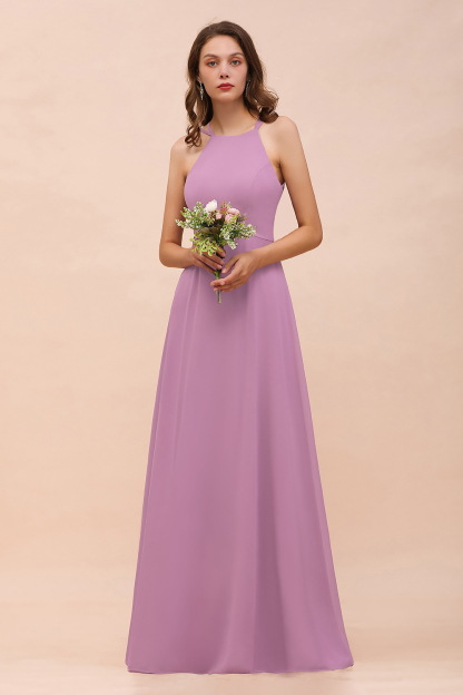 BMbridal Gorgeous Halter Wisteria Chiffon Bridesmaid Dresses with Draped Back-BMbridal