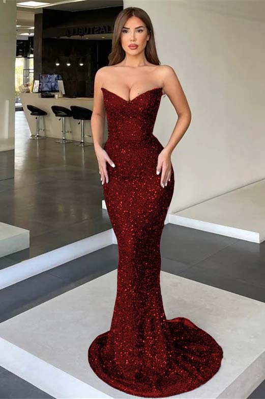 Black Strapless Sleeveless Long Mermaid Prom Dress With Sequins