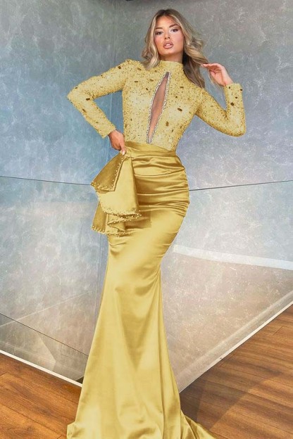 High Collar Long Sleeves Mermaid Pleated Sequins Prom Dress With Beadings