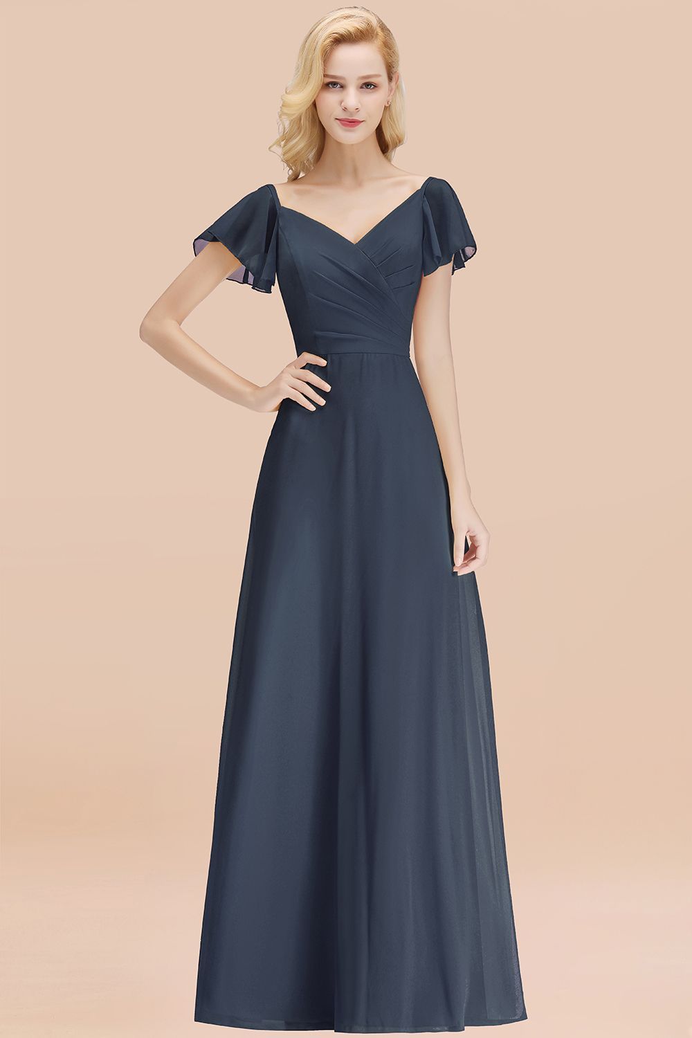 BMbridal Elegent Short-Sleeve Long Bridesmaid Dress Online Yellow Chiffon Wedding Party Dress-BMbridal