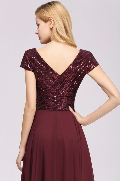 BMbridal Chic Sequined Top V-Neck Sleeveless Burgundy Bridesmaid Dresses Online-BMbridal