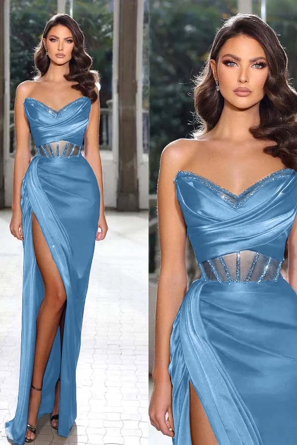 Strapless Sleeveless Long Mermaid Prom Dress With Split Pleated