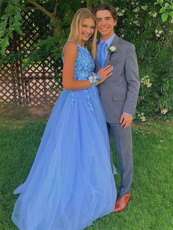 Blue A Line One Shoulder Tulle Long Prom Dress with Appliques