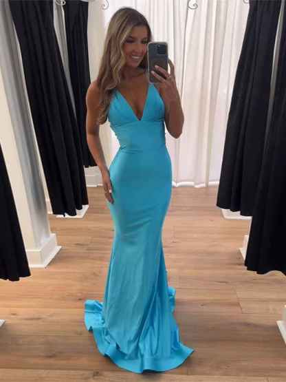 Light Blue Mermaid Halter Backless Long Prom Dress