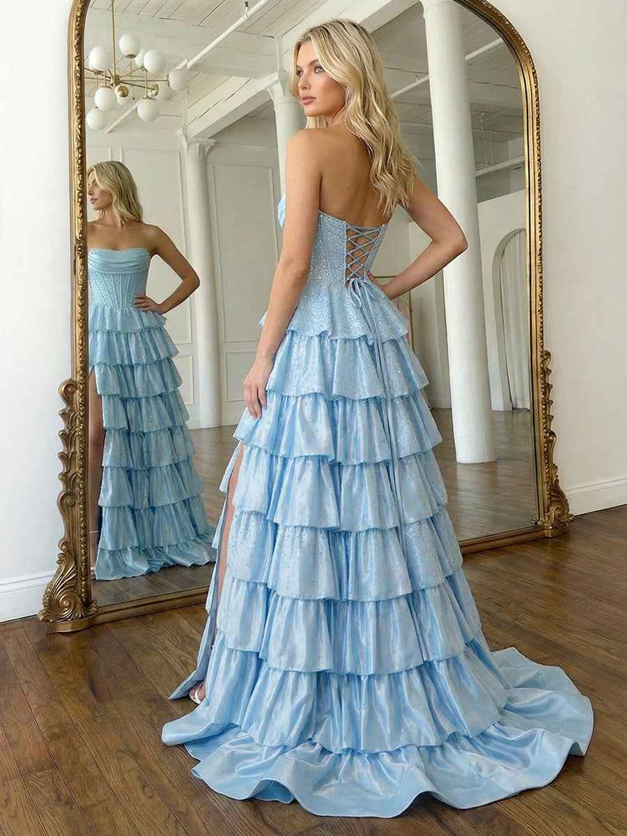 Light Blue Sequins Strapless Tiered Long Prom Dress with Slit