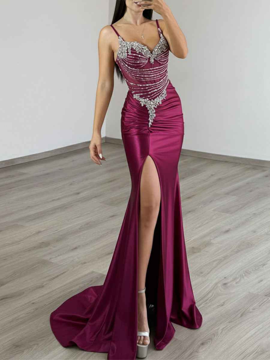 Gold Liquid Beaded Bodice Satin Prom Dress with Slit