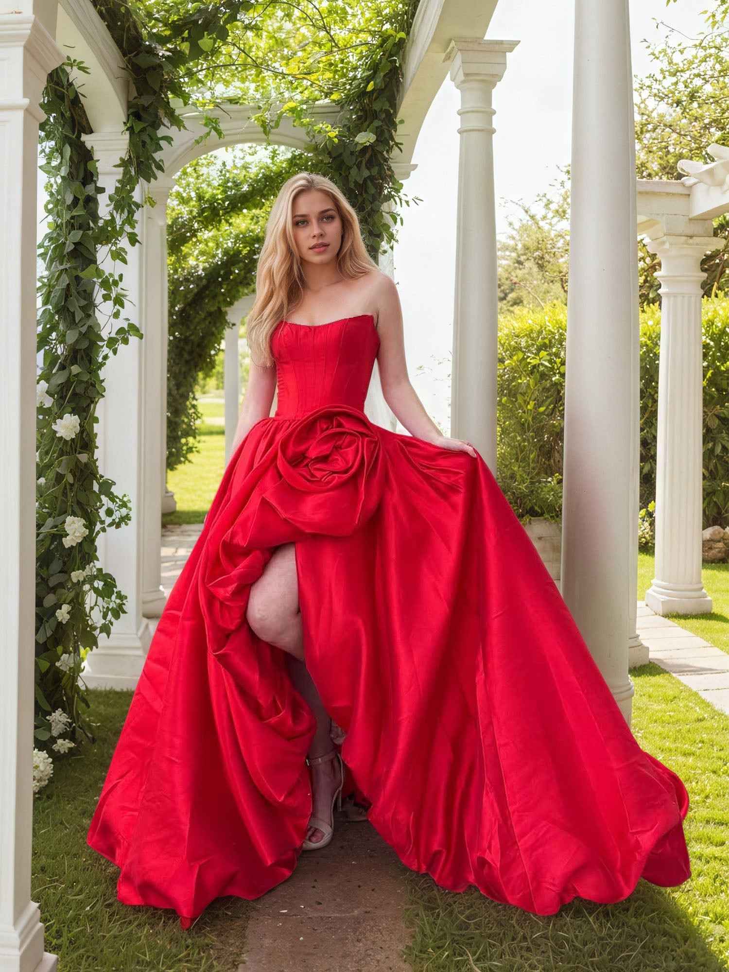 Strapless 3D Flower Prom Dresses for Women High Slit Satin Formal Dress