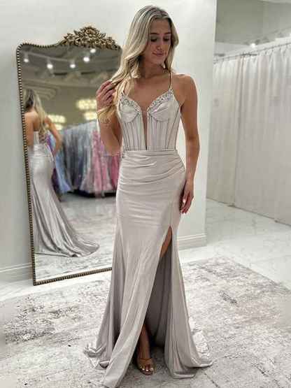 Sparkly Black Mermaid Spaghetti Straps Grey Corset Prom Dress with Slit