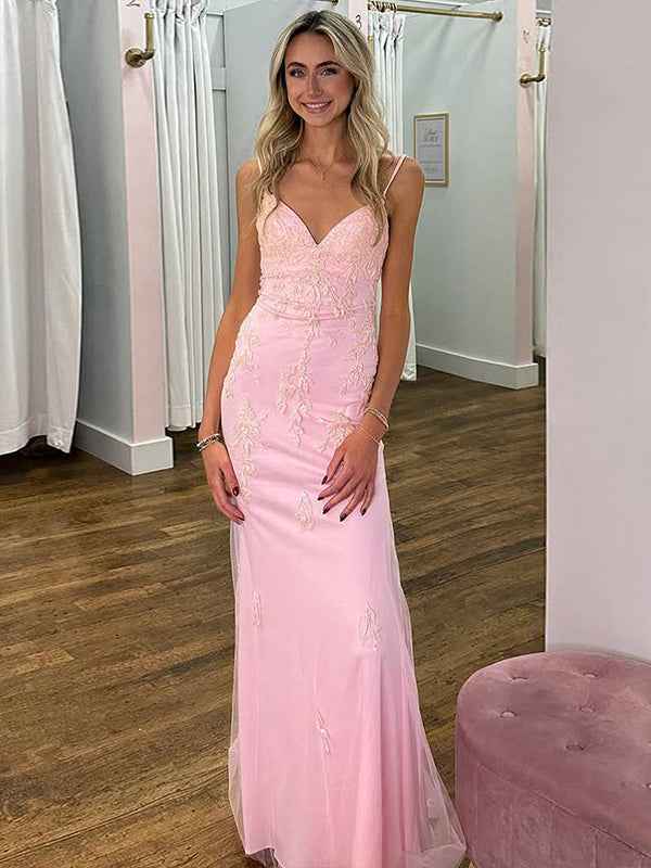 Pink Mermaid Spaghetti Straps Lace Up Long Prom Dress with Appliques