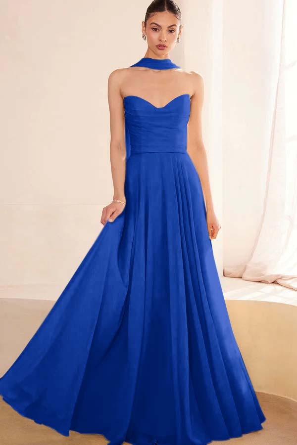 Chiffon Strapless Sleeveless Long A Line Prom Dress With Pleated