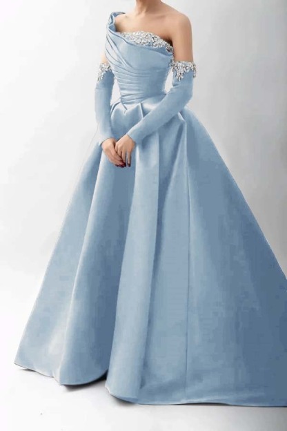 One Shoulder A Line Long Prom Dress With Beading Detachable sleeves