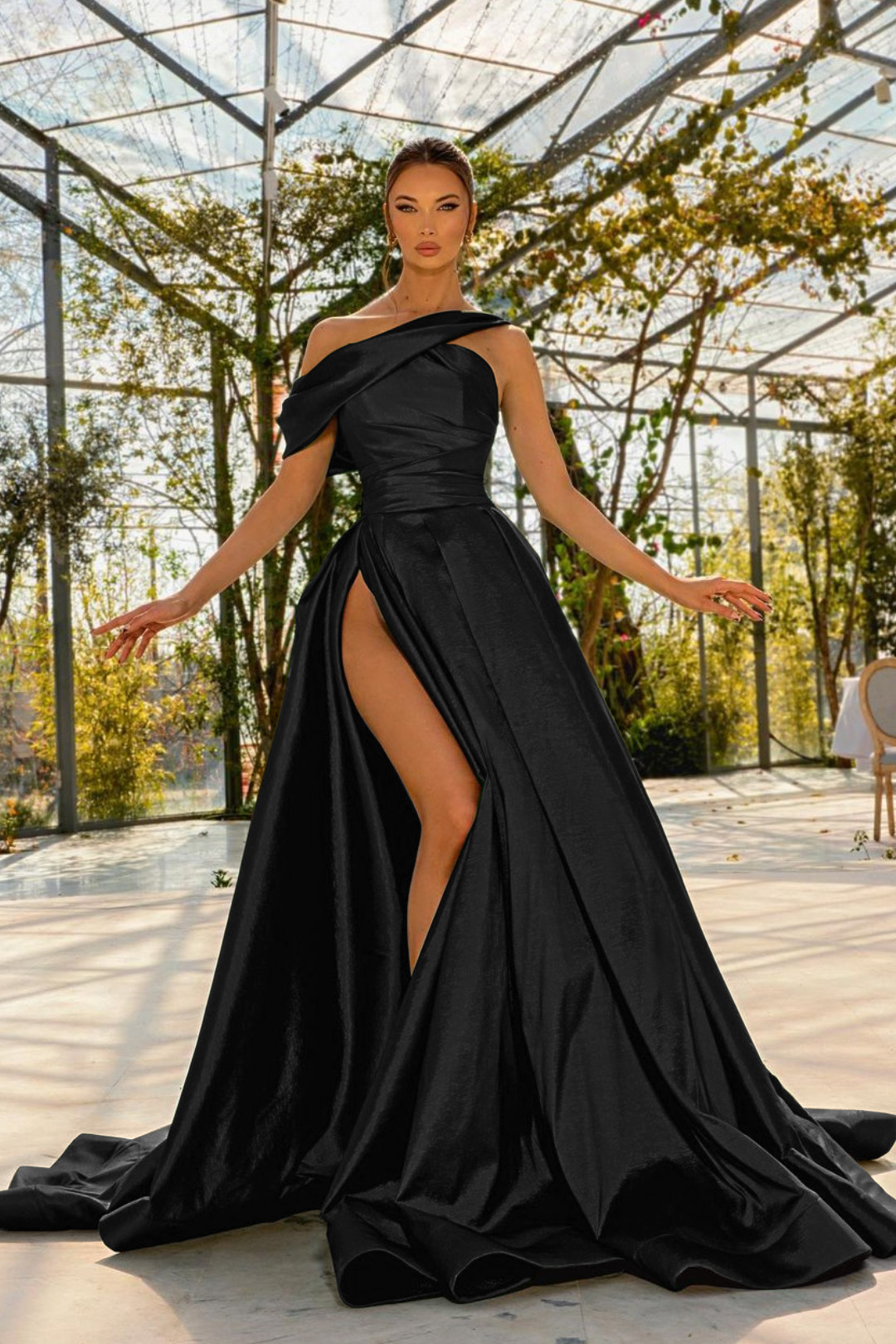 Green Sleeveless Prom Dress One Shoulder Satin With High Split