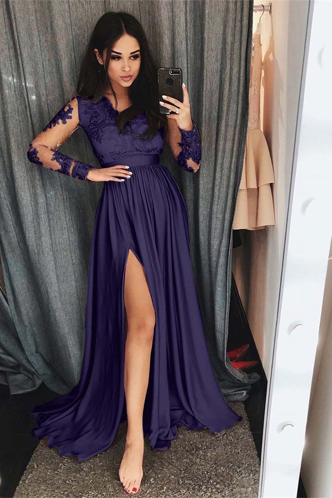 Charming Long Sleeves Front Split High Waist Prom Dress With Lace Appliques