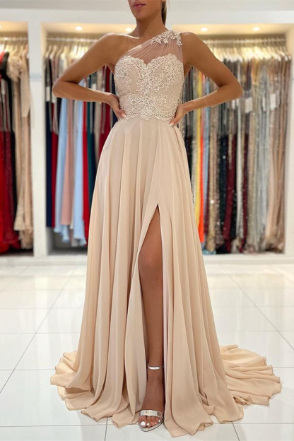 Glamorous One Shoulder Sleeveless Lace Appliques Prom Dress With Front Split