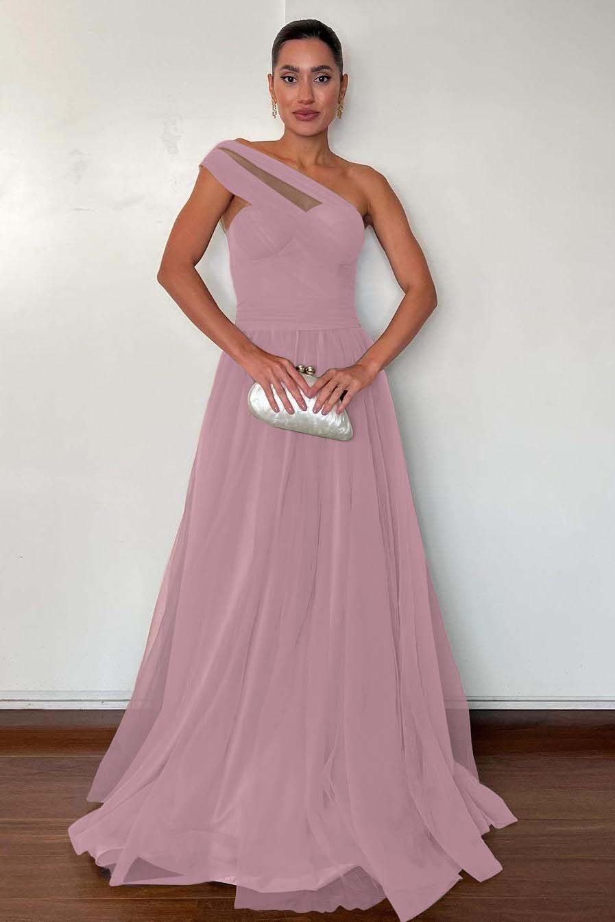 One Shoulder Sweetheart Sleeveless Long Prom Dress With Pleated