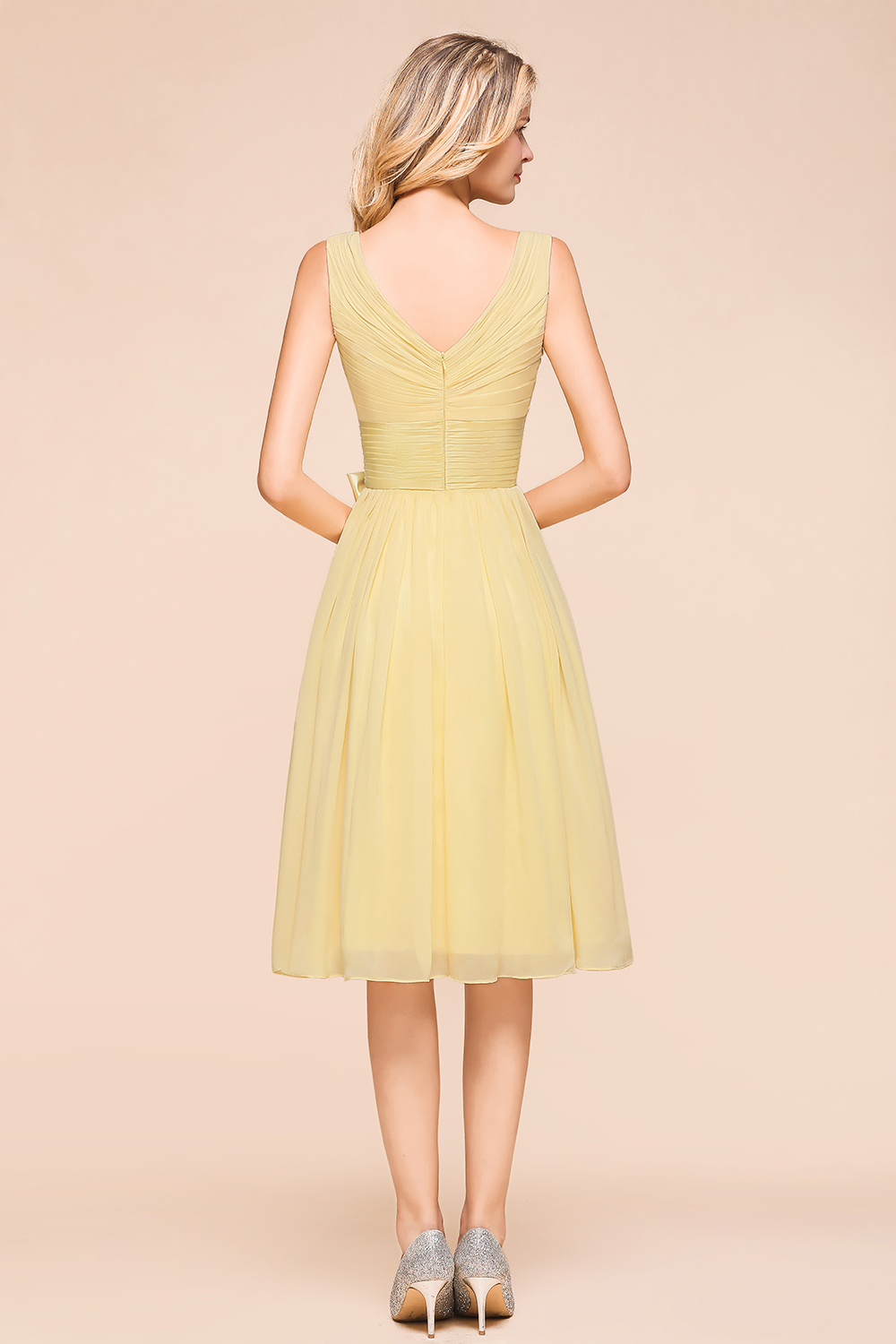 BMbridal Affordable V-Neck Daffodil Chiffon Short Bridesmaid Dress with Ruffle-BMbridal