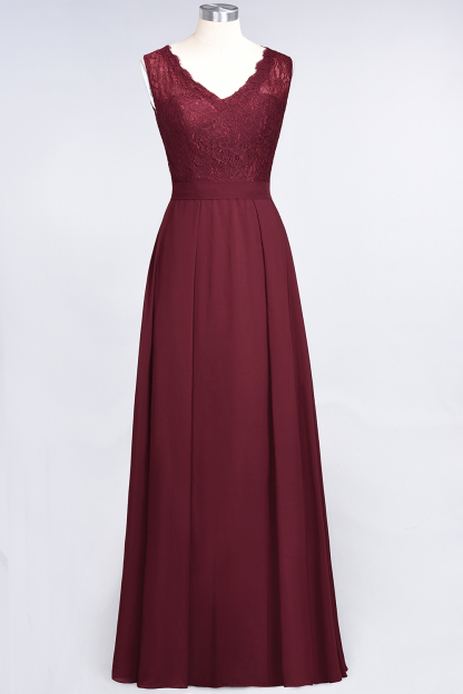 BMbridal Modest Chiffon V-Neck Burgundy Lace Bridesmaid Dresses Online-BMbridal