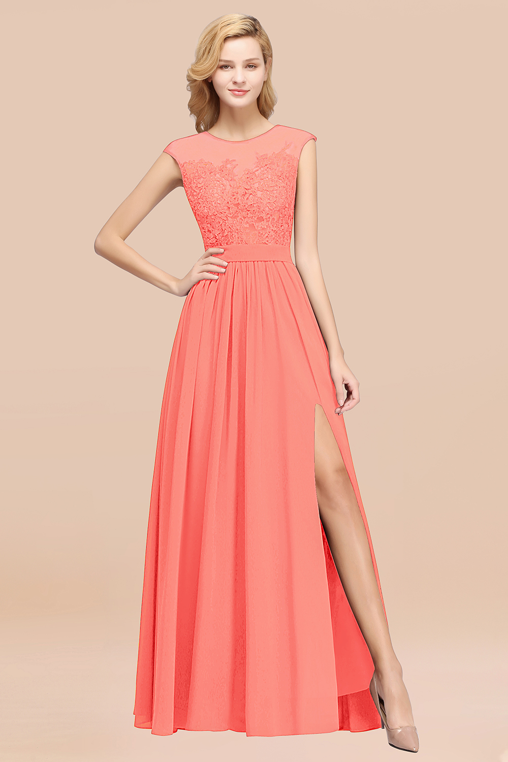 BMbridal Affordable Scoop Lace Appliques Yellow Bridesmaid Dresses with Slit-BMbridal