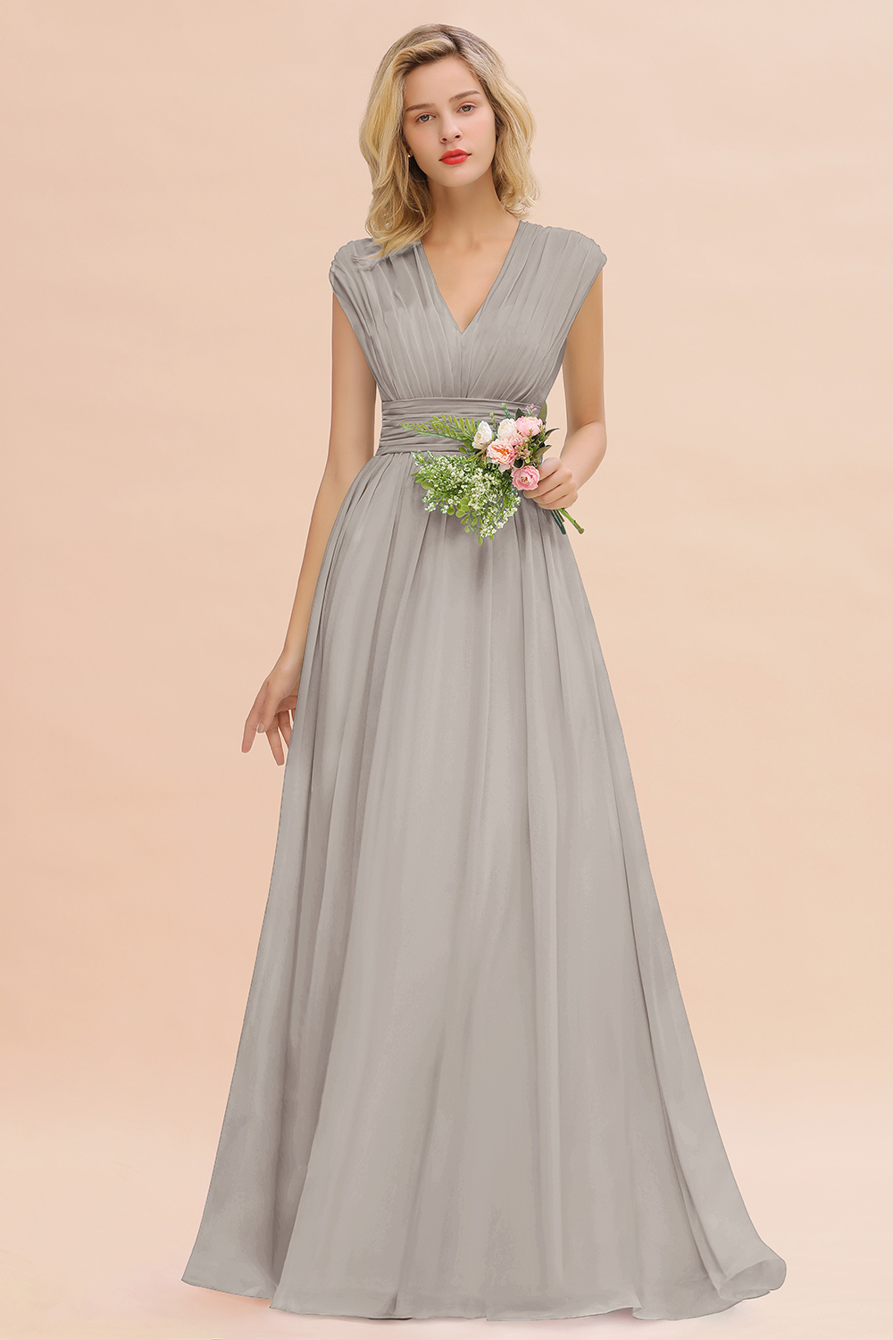 BMbridal Elegant Chiffon V-Neck Ruffle Long Bridesmaid Dresses Affordable-BMbridal